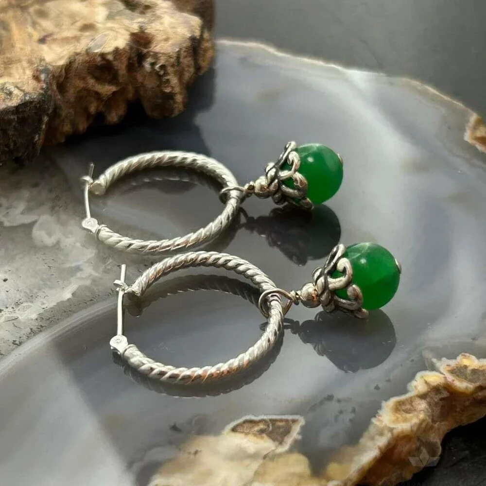 Carolyn Pollack Sterling Twisted Hoop w/Green Jadeite Dangle Earrings For Women